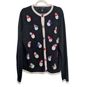 All Points Snowman Cardigan Womens Size Large Black Beaded Christmas Winter